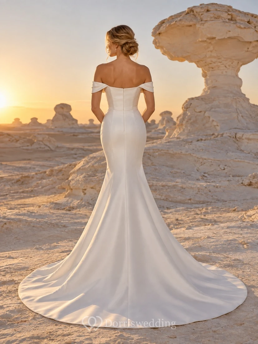 Vestido de novia sencillo de sirena con escote Bardot, satén, cintura ajustada, cadera lisa y cola. view 2