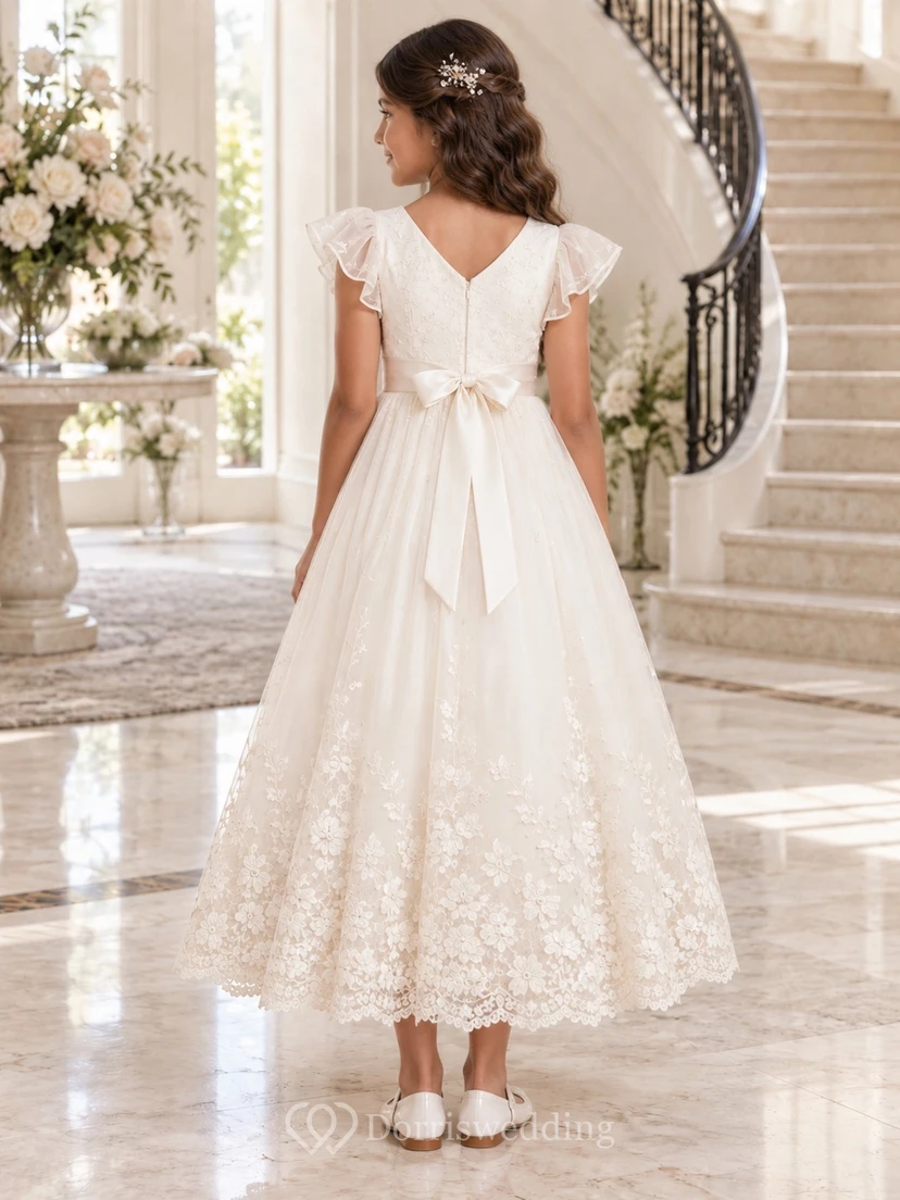 Teelanges elfenbeinfarbenes A-Linien-Kleid aus Spitze und Tüll mit flatternden Ärmeln, Muschelsaum und Schleife am Rücken für Blumenmädchen view 2