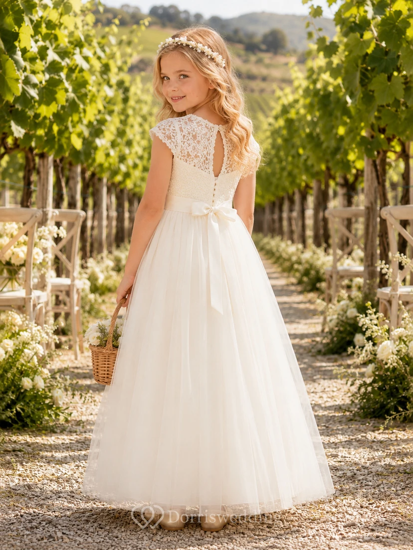 Ivory A-Line Floor-Length Flower Girl Dress with Scoop Neck, Lace Cap Sleeves, Buttoned Keyhole Back and Bow Sash view 2
