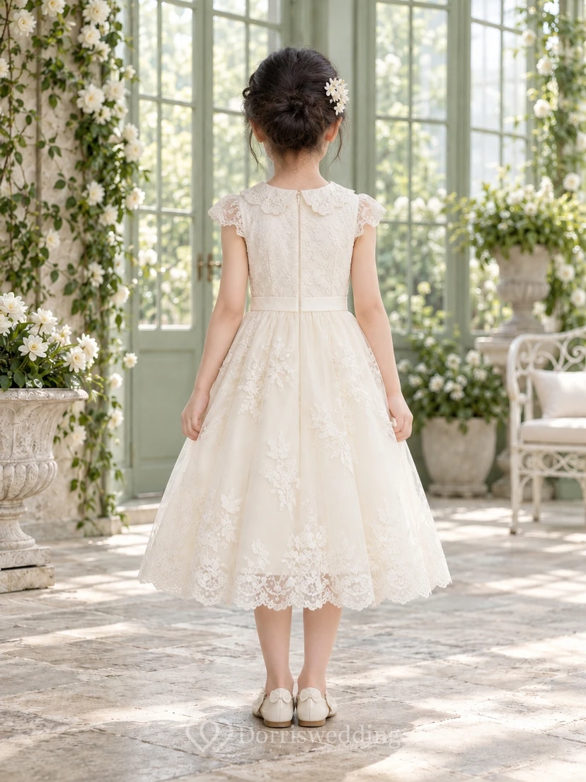 Tea-length Vintage Ivory A-line Floral Lace Collared Cap-sleeve Flower Girl Dress view 2