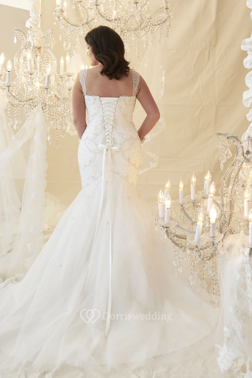 Mermaid Sleeveless Floor-Length Beaded Tulle Plus Size Wedding Dress view 2