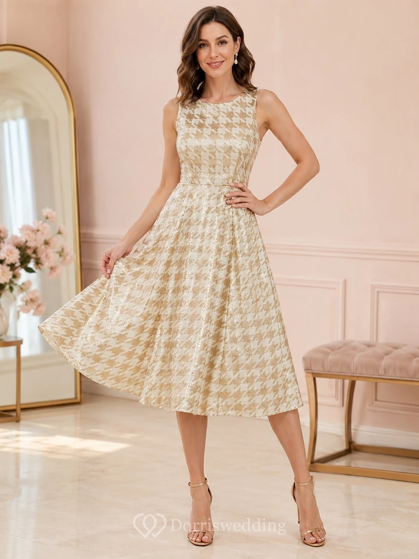 Robe de cocktail vintage champagne à col rond sans manches, sequins pied-de-poule, coupe trapèze, longueur thé