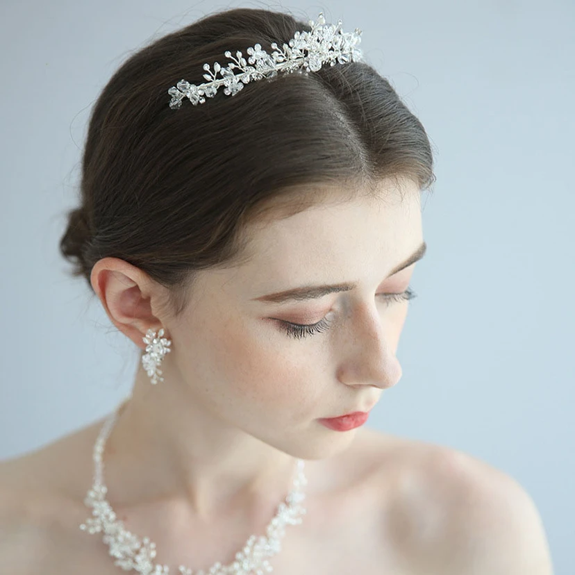 Elegant Silver Bridal Rhinestone Pearl Necklace and Earrings and Crown view 2