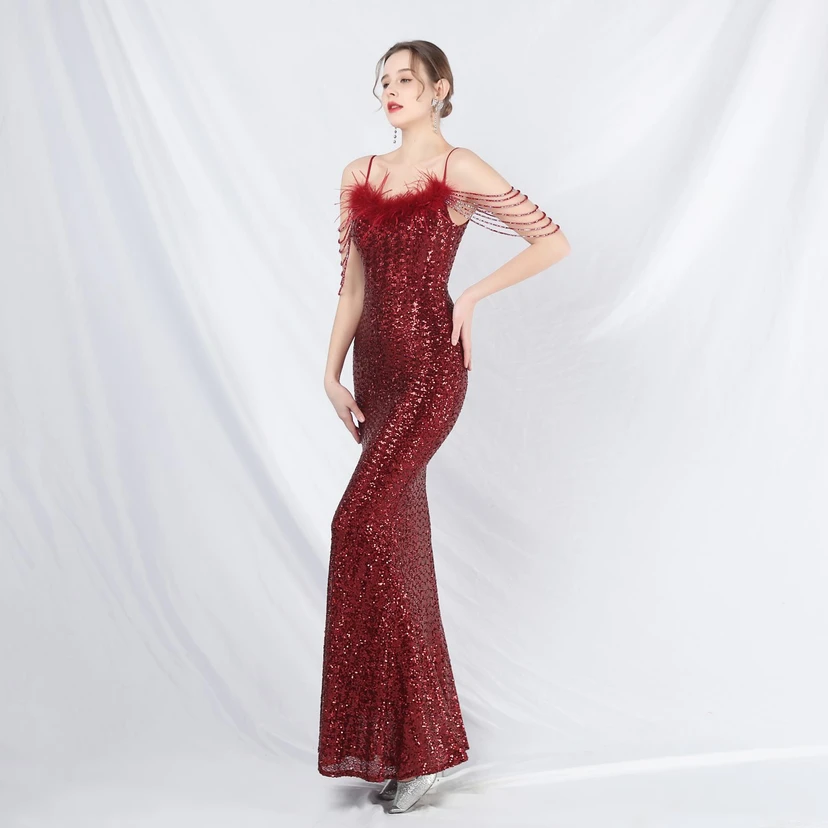 Craft Beaded Ostrich Feather Fantasy Sequined Long Evening Dress view 11