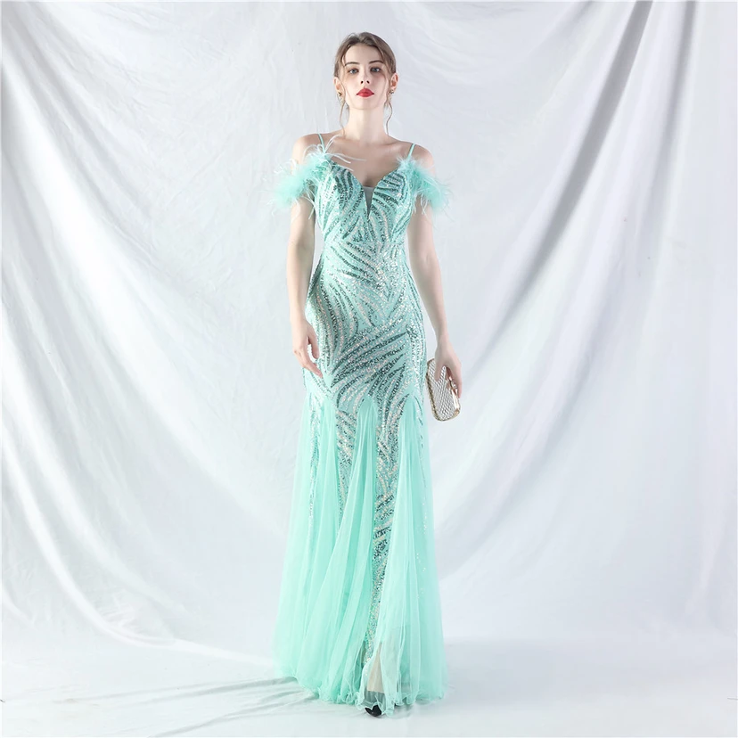 Crafted Ostrich Feather Stacked Sequins Splicing Mesh Gauze High-End Evening Dress Clothes view 85