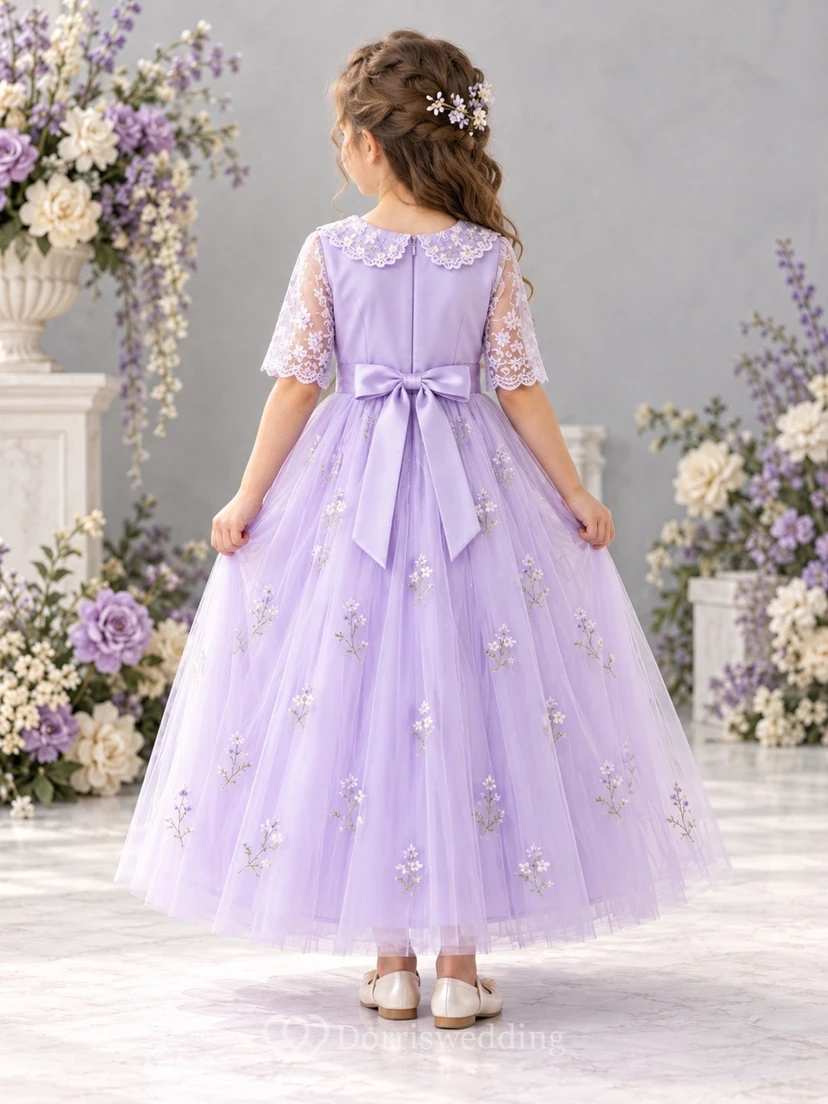 Lavender Floral Collar Elbow Lace Sleeve Flower Girl Dress view 2