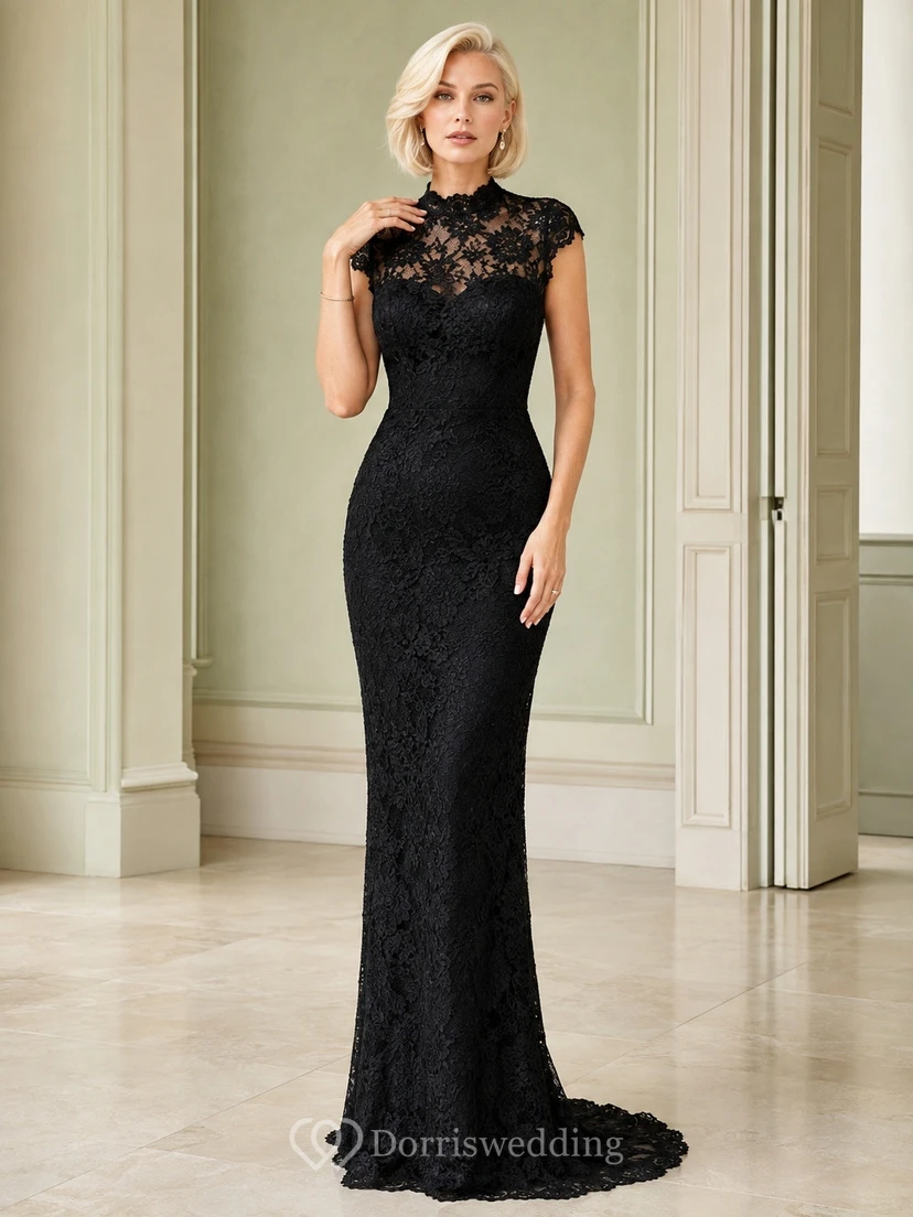 Black Lace Short Sleeve Mermaid Evening Gown Classic