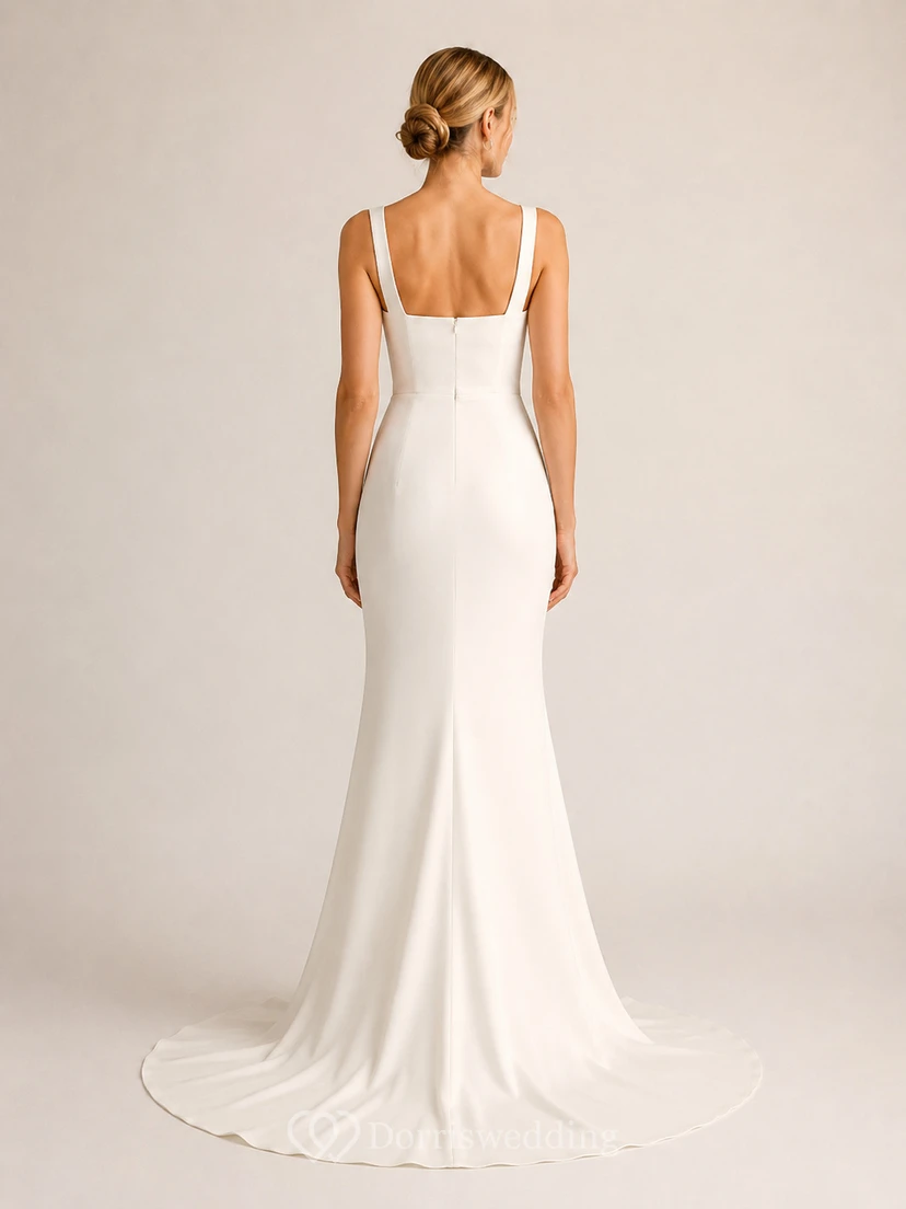 Vestido de novia minimalista de satén estilo sirena con escote cuadrado, sin mangas y cola larga. view 2