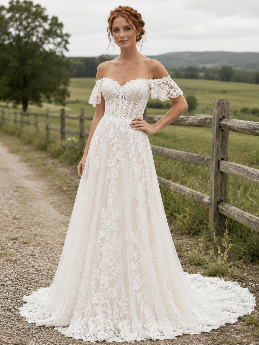 Country Tulle Wedding Dress A-Line Off Shoulder Puff Sleeve Chapel Train Lace-Up Corset Back Bridal Gown