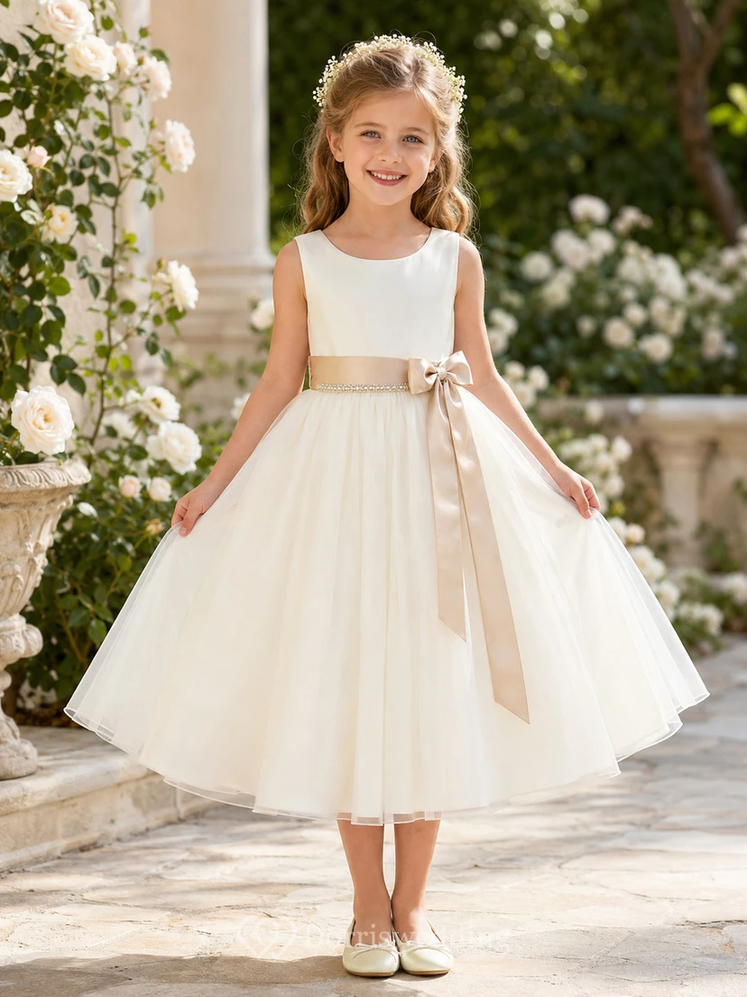 Flower Girl Dress Ivory Tulle A-Line Jewel Neck Tea Length Bow Detail Sash Detail