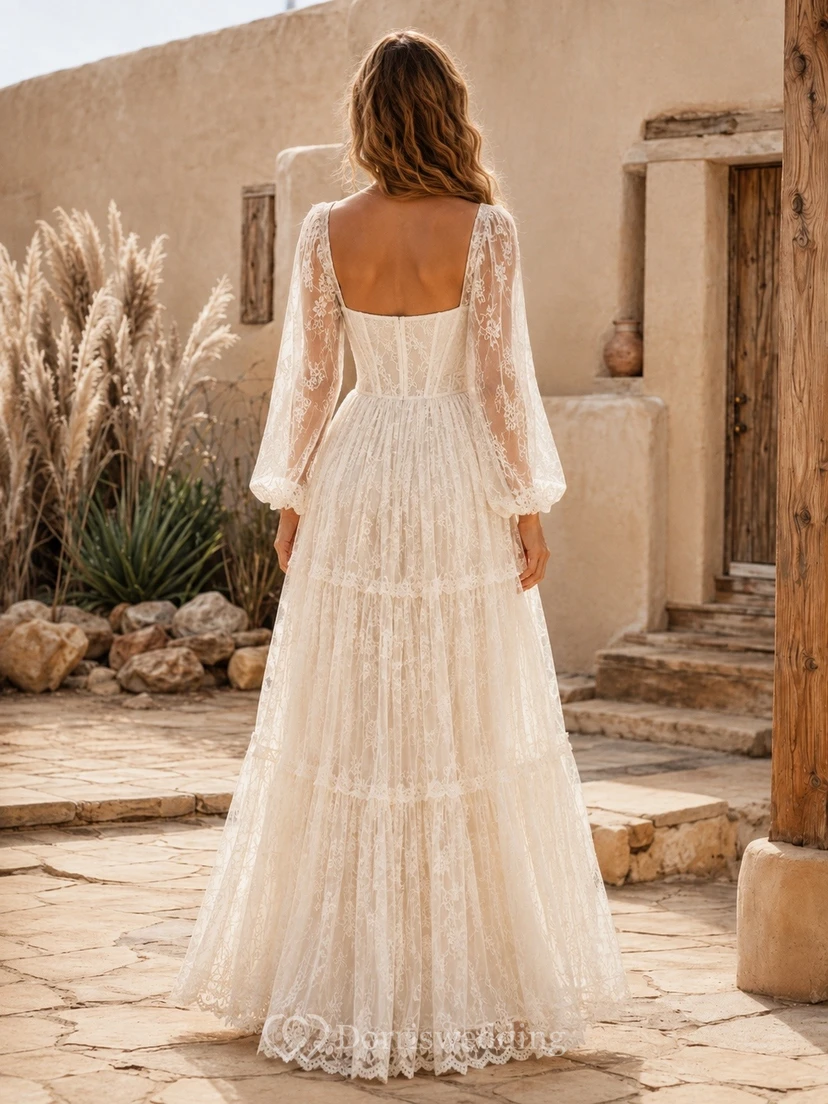 Bohemian Lace Square Neck Long Sleeve A-Line Tiered Wedding Gown view 2