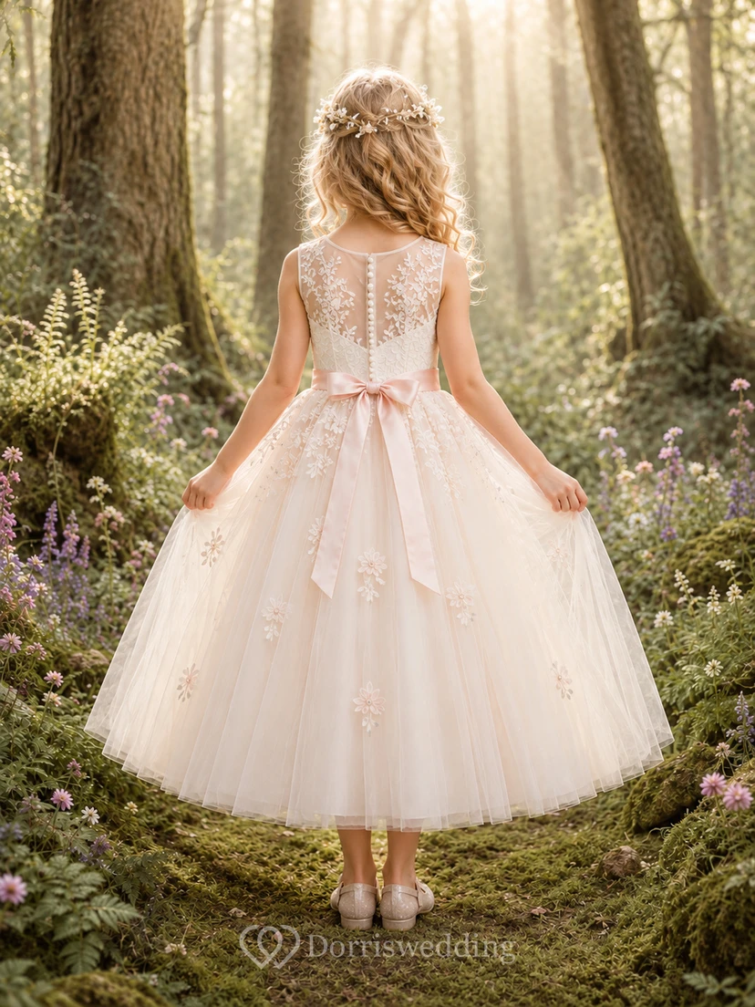 Blumenmädchenkleid aus perlmuttrosa Spitze und Tüll, A-Linie, Rundhalsausschnitt, Teelänge, Schleifendetail, Applikation view 2