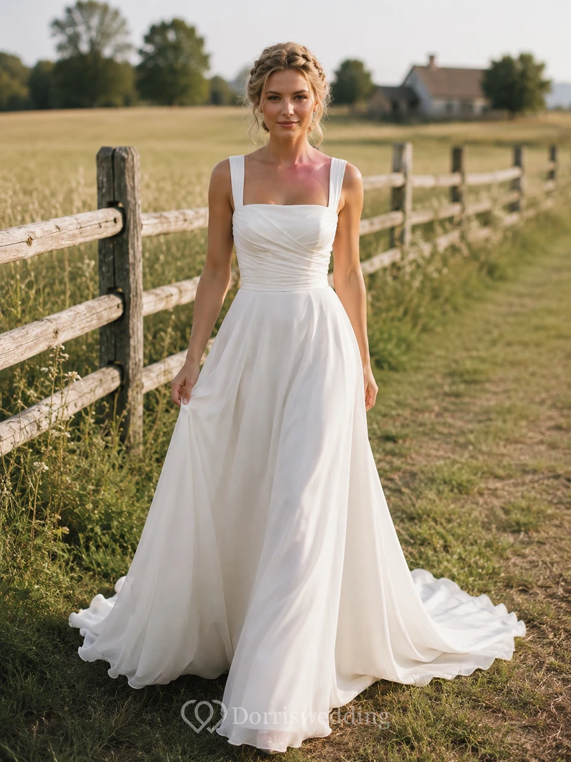 Robe de mariée champêtre simple et rustique, en mousseline, coupe trapèze, bretelles carrées et traîne chapelle, à encolure chapelle.