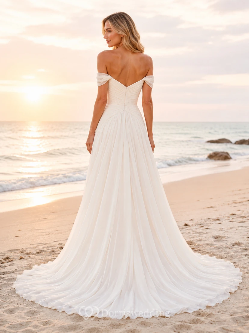 Vestido de novia de gasa y tul para la playa, corte en A, hombros descubiertos, largo hasta el suelo. view 2