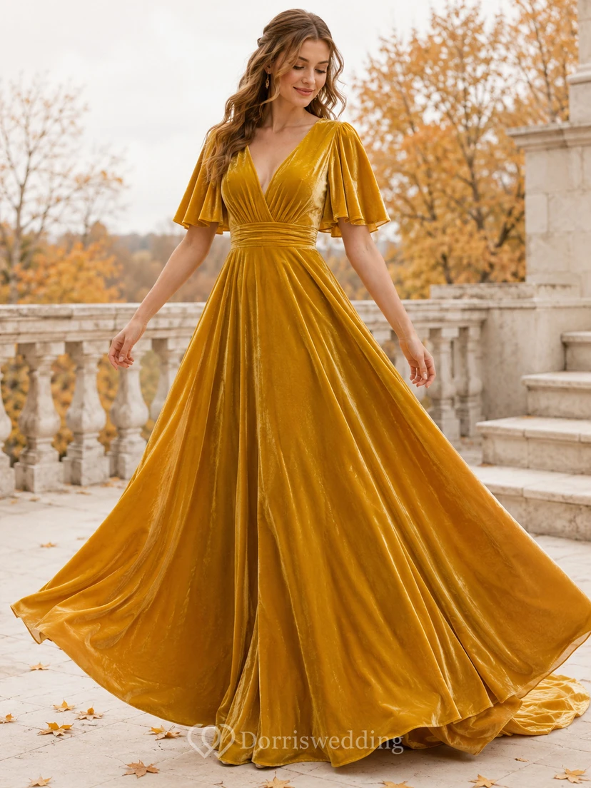 Vestido de novia de terciopelo color mostaza con escote en V profundo y mangas acampanadas, corte en A.