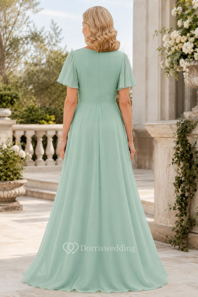 Mintgrünes Chiffon-Kleid in A-Linie mit V-Ausschnitt für Mütter view 2