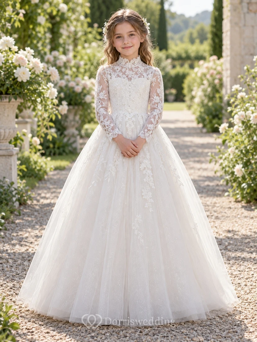 Vestido de niña de flores de tul blanco con cuello alto, manga larga y corte en A, estilo modesto, con estampado floral y manga larga.