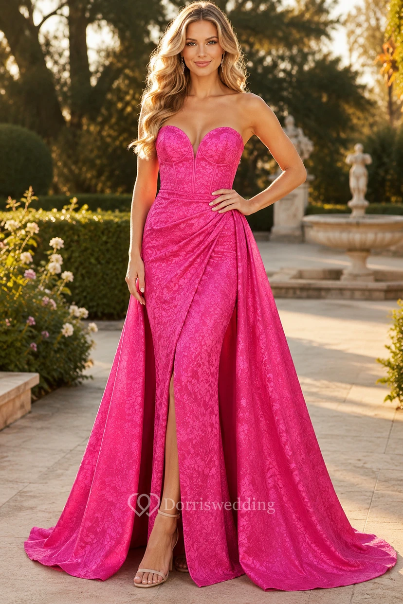Fuchsiafarbenes, trägerloses Glitzer-Abendkleid in A-Linie mit drapiertem Oberteil und Schlitz