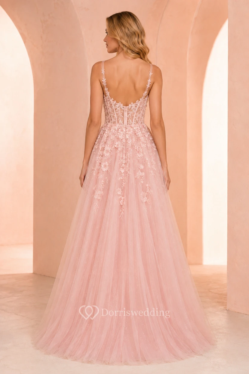 Rosafarbenes, mit floralen Applikationen verziertes A-Linien-Abendkleid aus Tüll mit Spaghettiträgern view 2