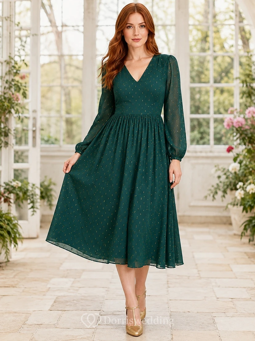 Forest Green Floral V Neck Long Sleeve Chiffon Tea Length Romantic Dress