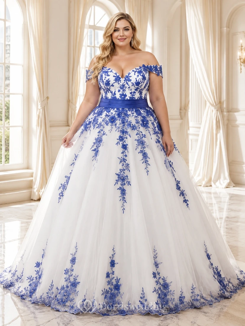 Romantisches Brautkleid aus Tüll in Königsblau mit Blumenmuster, A-Linie, schulterfrei, kurzen Ärmeln und in Übergröße