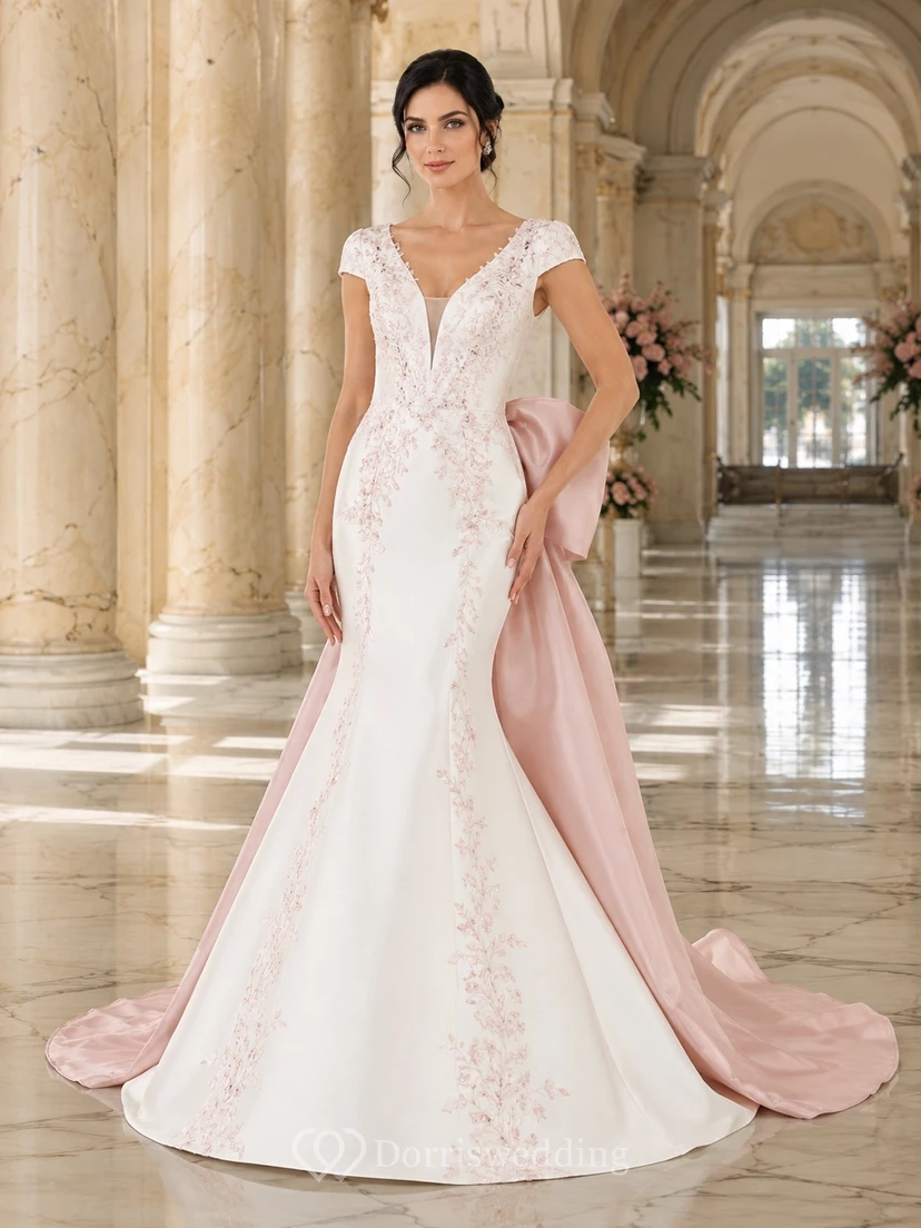 Robe de mariée rose poudré à col V, manches courtes, dentelle, traîne et nœud papillon
