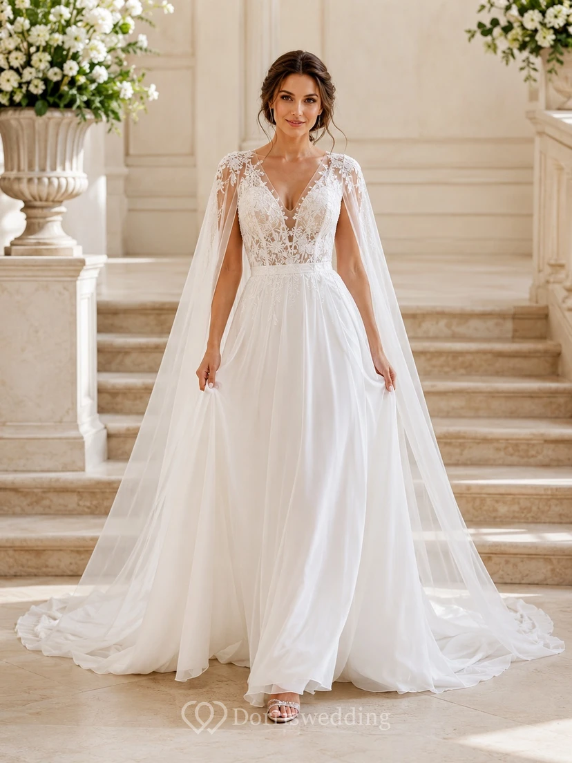 Bridal Lace V-Neck Sleeveless Appliqued Chapel-Train Ball Gown with Cape