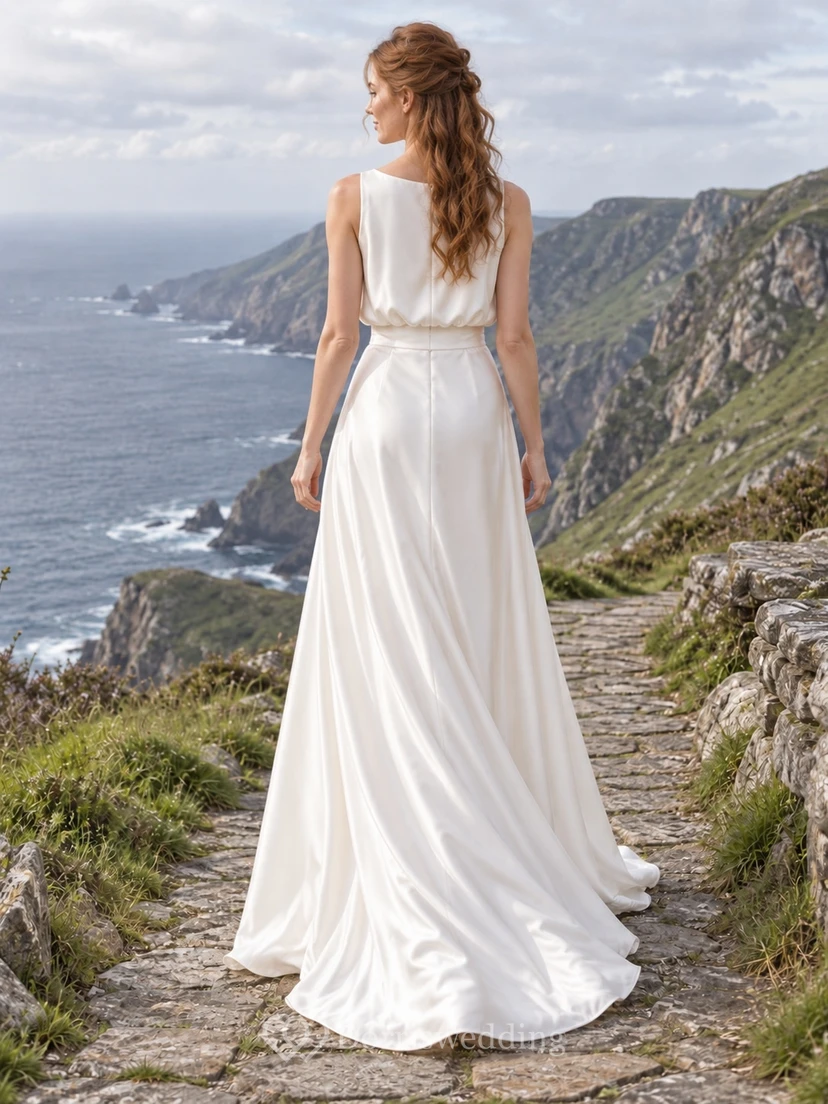 Schlichtes, ärmelloses Brautkleid aus Charmeuse mit Schmuckkragen und Schleppe, Etuikleid mit Rundhalsausschnitt view 2