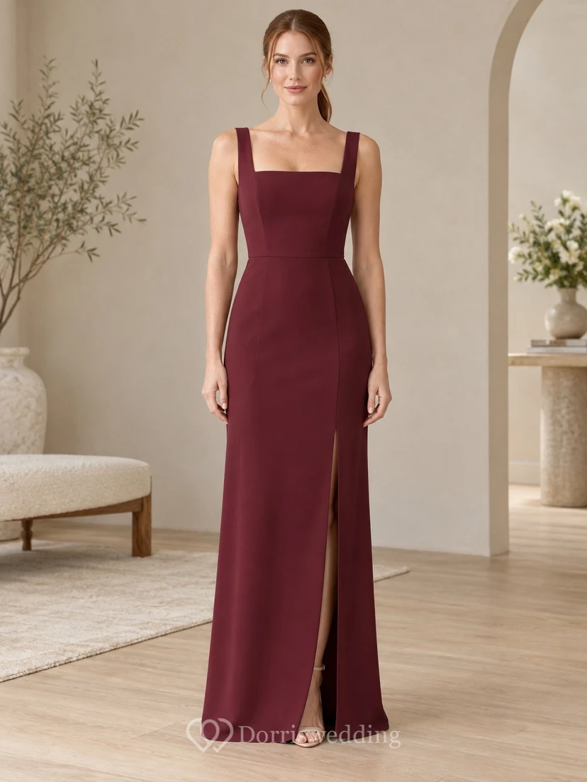 Burgundy Square-Neck Sleeveless Side-Slit Floor-Length Sheath Bridesmaid Dress