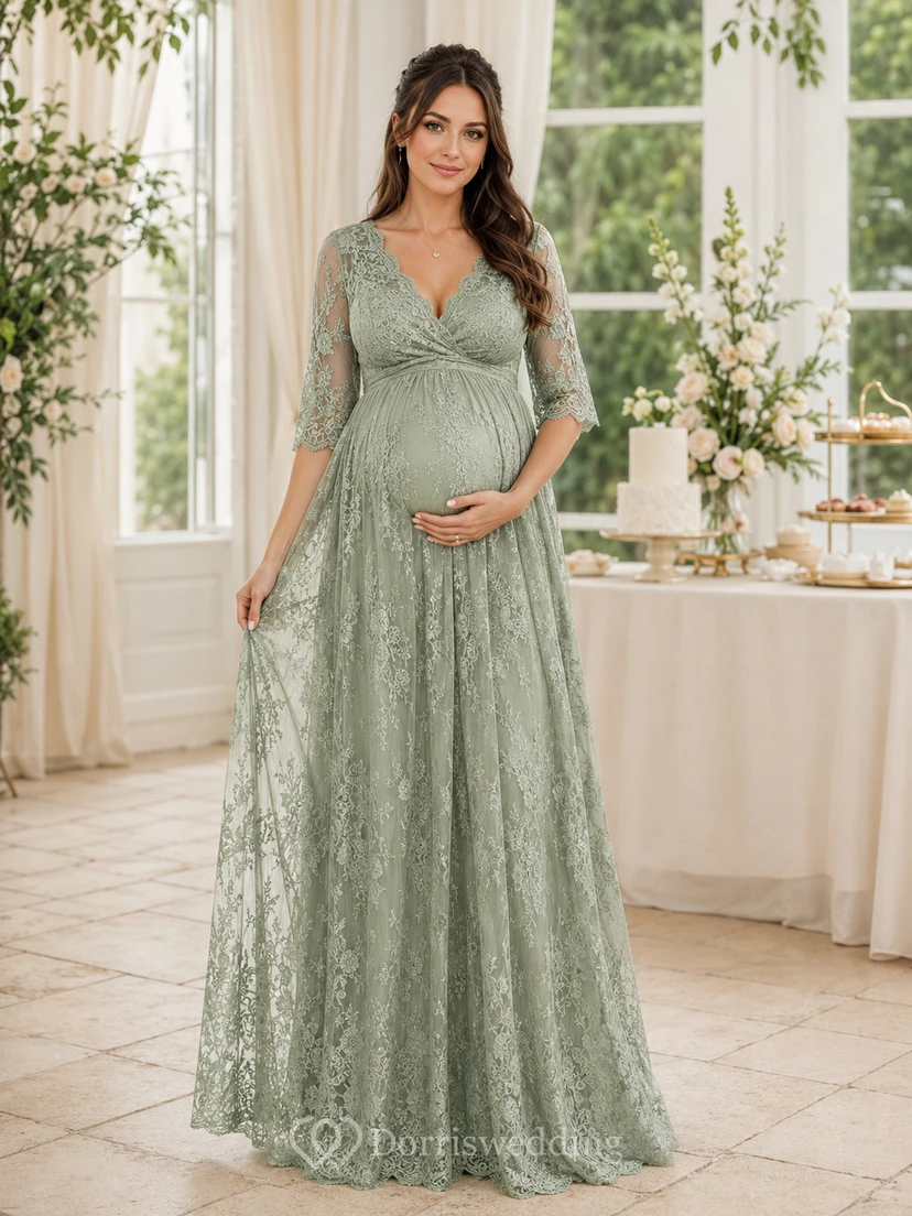 Vestido formal modesto de manga tres cuartos con escote en V y encaje, largo hasta el suelo, de la marca Sage Maternity.