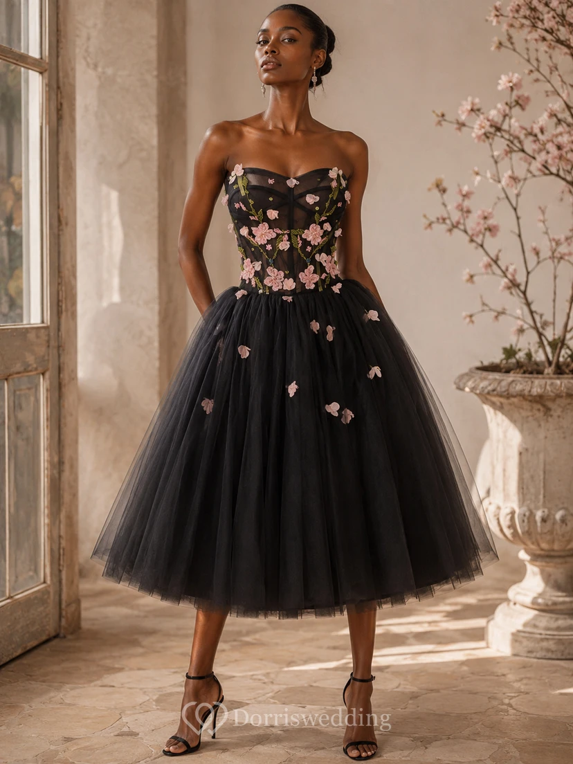 Ivory Strapless Cocktail Dress with Floral Appliqué view 5
