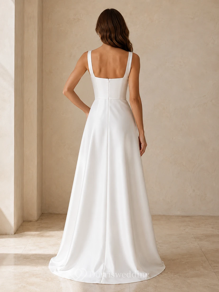 Weißes, schlichtes, bodenlanges A-Linien-Abendkleid aus Satin mit quadratischen Trägern für festliche Anlässe view 2