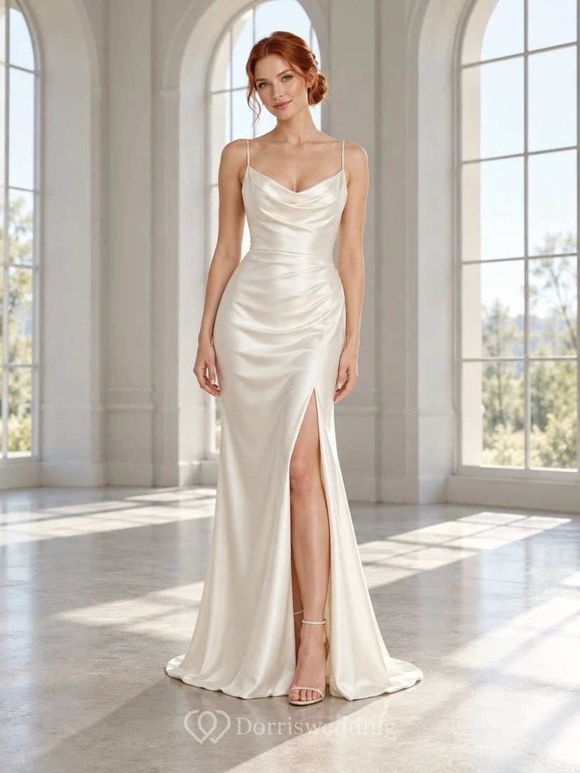 Simple Sheath Cowl Neck Spaghetti Strap Split Satin Wedding Dress