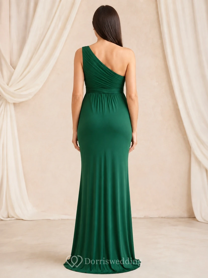 Smaragdgrünes, einseitig schulterfreies, gerafftes Umstands-Meerjungfrauen-Abendkleid view 2
