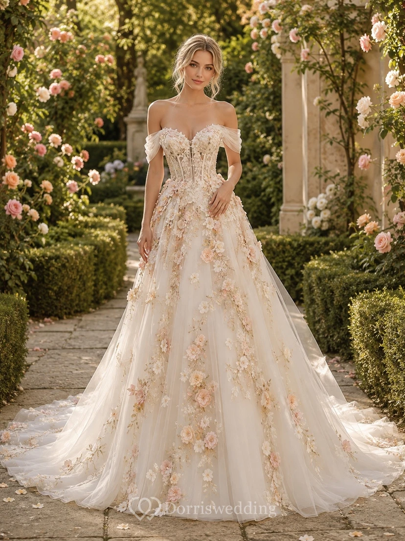 Vestido de novia formal de talla grande con hombros descubiertos y estilo romántico