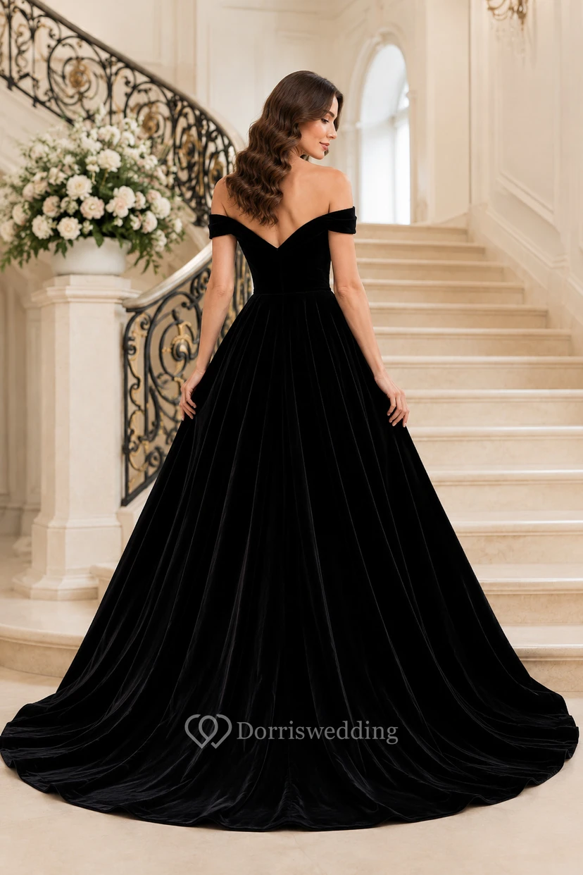 Evening Gown Black Velvet Ball Gown Off Shoulder Short Sleeve Sweep Train view 2
