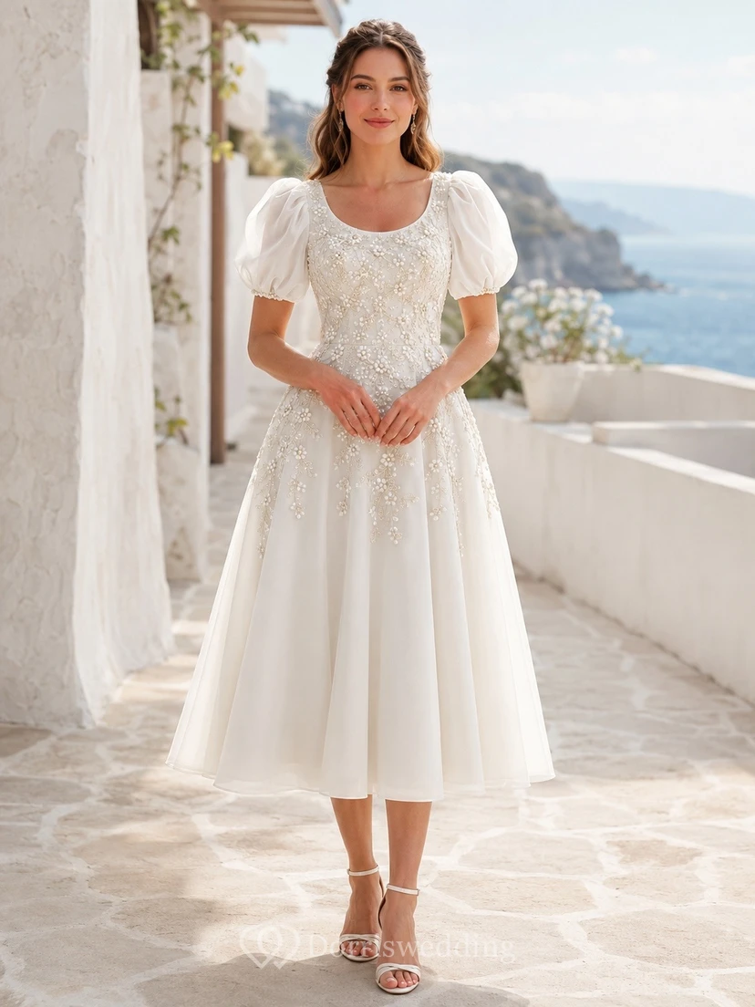 Pearl-Accented Scoop Neck Short Sleeve Chiffon A-Line Tea-Length Wedding Dress
