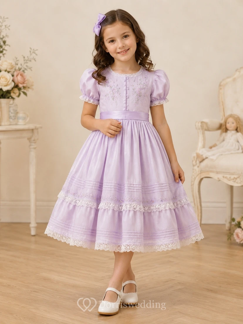 Vintage Lavender Jewel Neck Puff Sleeve Embroidered Satin A-Line Tea-Length Flower Girl Dress