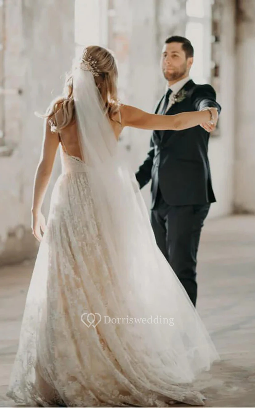 Spaghetti Summer Lace Pleated Backless Country Wedding Dress with Beadings and Pleats view 2