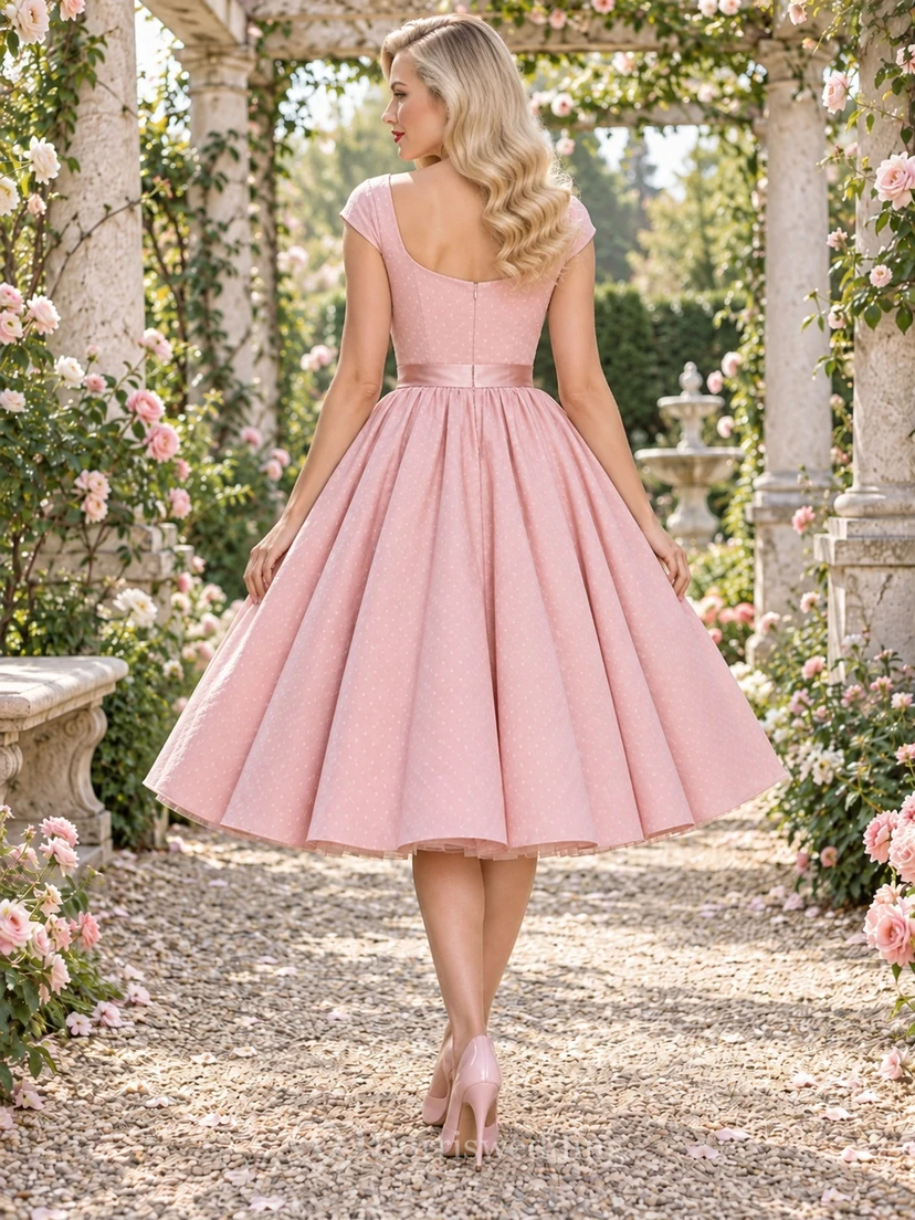 Teelanges Rockabilly-Brautjungfernkleid in zartem Rosa mit Herzausschnitt und kurzen Ärmeln view 2
