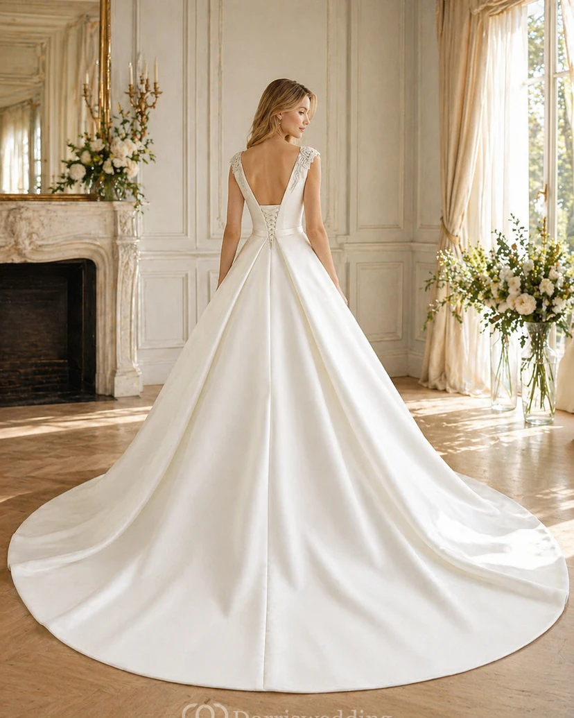 Elegantes, einfarbiges Ballkleid aus Satin im Prinzessinnenstil mit Perlenbesatz an Schulterklappen, Korsettrücken und Schleppe view 4