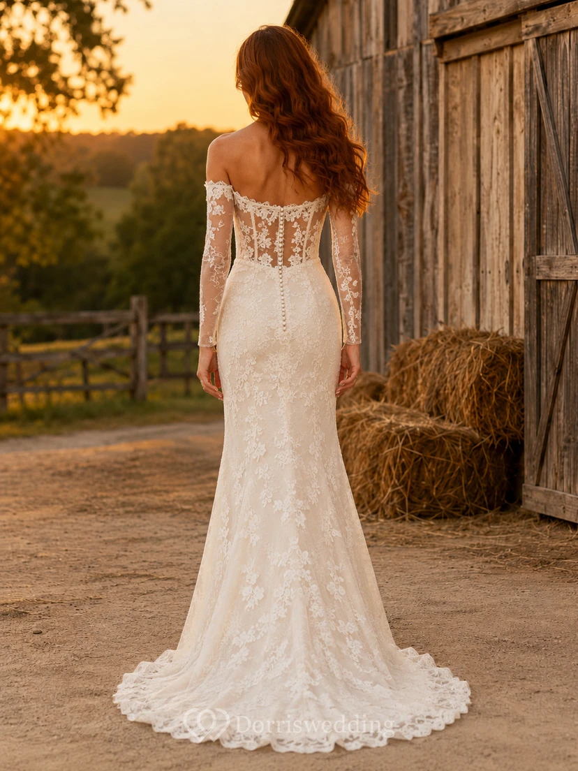 Robe de mariée de maternité à col carré, manches bouffantes, style champêtre simple avec traîne view 2