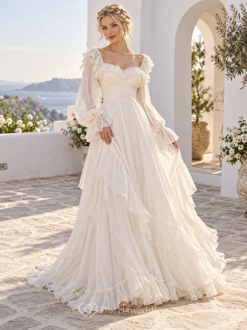 Schulterfreies Brautkleid mit Bischofsärmeln, fließenden Rüschen und A-Linien-Schnitt