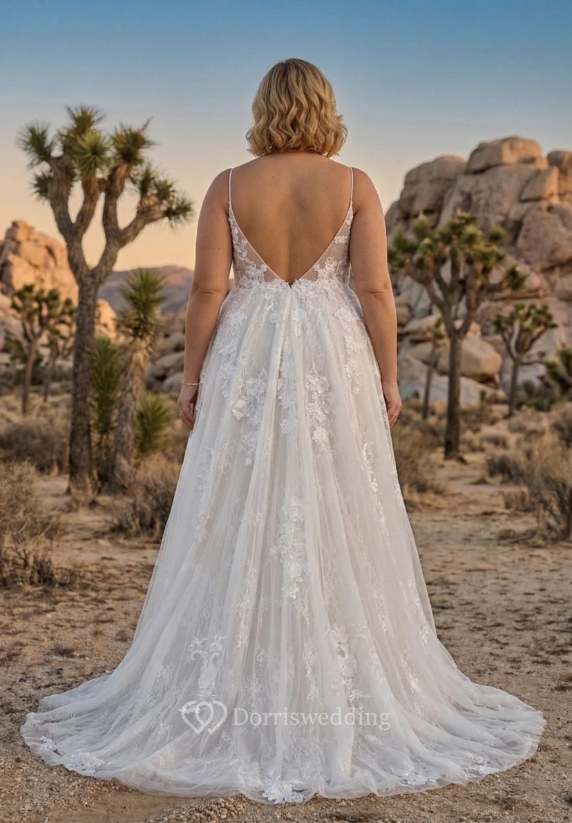 Plus Size Plunging V-Neck Lace A-Line Wedding Dress with Spaghetti Straps and Slit view 2
