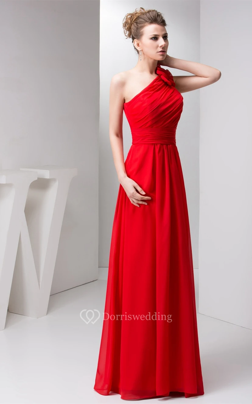 One-Shoulder Floor-Length Chiffon Floral Epaulet and Dress With Ruching view 6