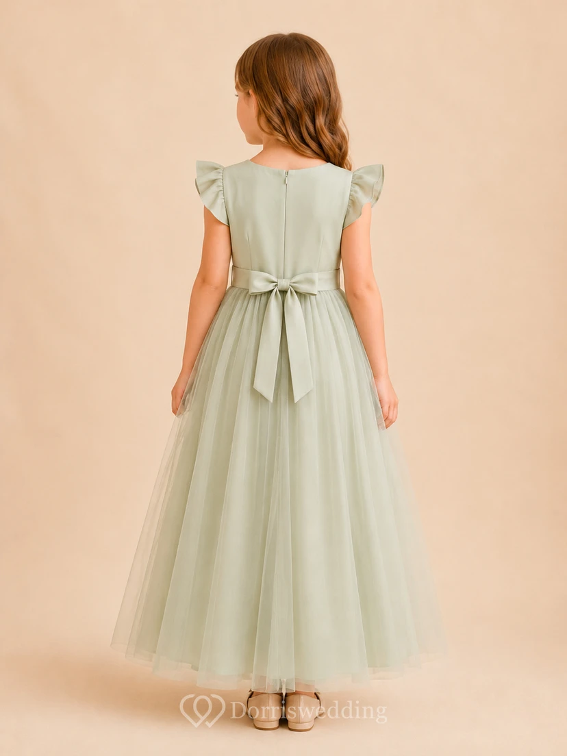 Sage Flutter Sleeve Tulle A-Line Flower Girl Dress with Jewel Neck, Tea-Length Skirt and Bow Detail view 2