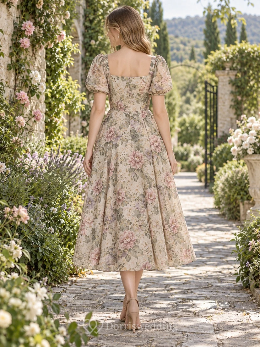 Vestido de gasa de largo midi con cuello cuadrado y mangas abullonadas, estampado floral silvestre en tono topo apagado. view 2