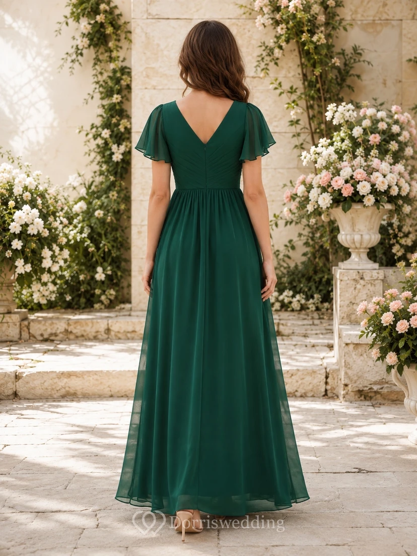Dunkelgrünes Brautjungfernkleid für junge Damen, A-Linie, V-Ausschnitt, kurze Blütenblattärmel, elegant und romantisch view 2