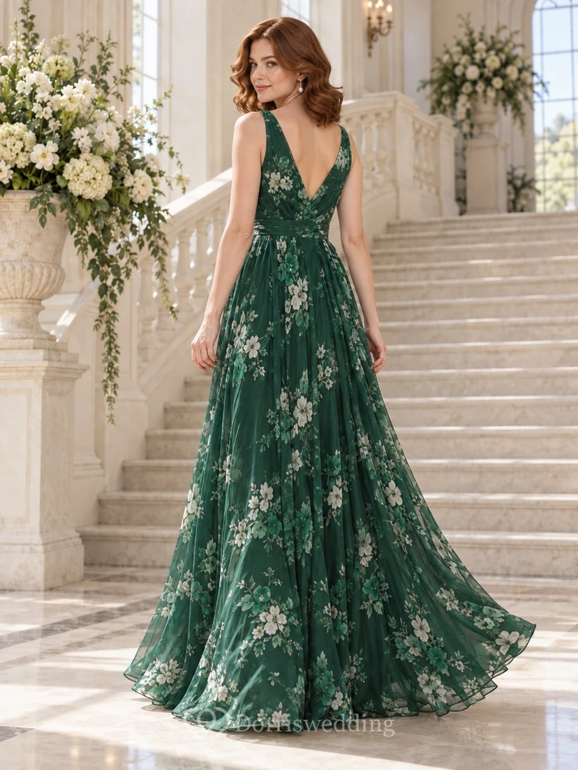 Vestido de fiesta largo hasta el suelo de gasa sin mangas con escote en V y estampado floral verde oscuro, corte en A. view 2