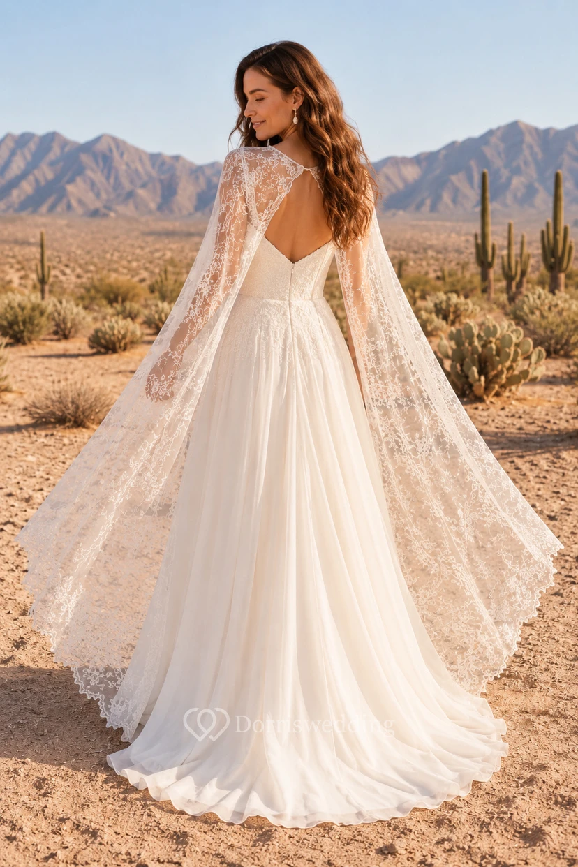 Boho Lace Cape A-Line Wedding Dress view 2